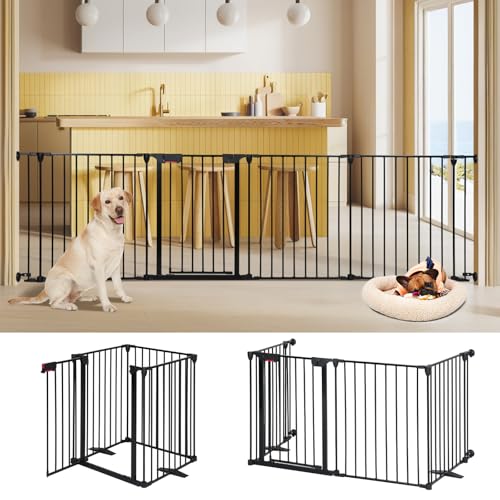AGESISI Freestanding Dog Gates with Door Walk Through, Extra Wide Doggy Door 100