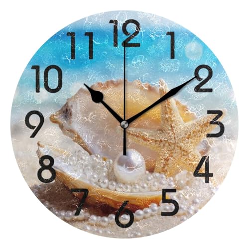 Naanle 3D Beautiful Summer Beach Shell Pearl Starfish Print Round Wall Clock Decorative, 9.5 Inch Battery Operated Quartz Analog Quiet Desk Clock for Home,Office,School