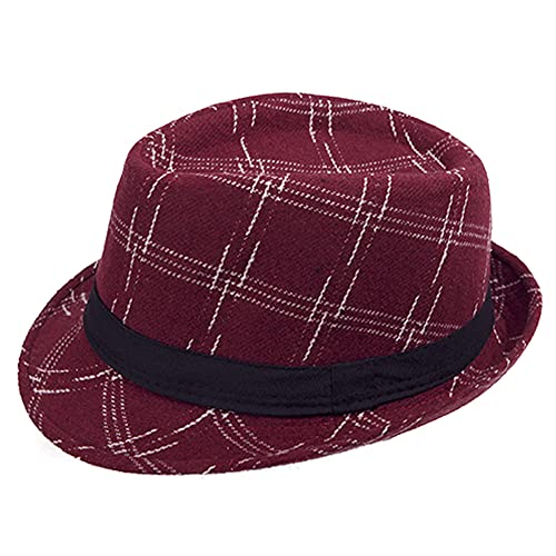 Sombrero de ala corta Trilby Fedora de rayas Tweed Homburg Felt Jazz Cap Plaid Manhattan Gángster Sombrero, wine red, L Cover