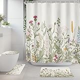 Riyideco Flower 4Pcs Bathroom Set Shower Curtain Sets Herbs Floral Plant Flower Botany Bathroom Decor Set with Rugs and Accessories Green Leaves Toilet Lid Rug, Contour and Bath Mat with 12 Hooks