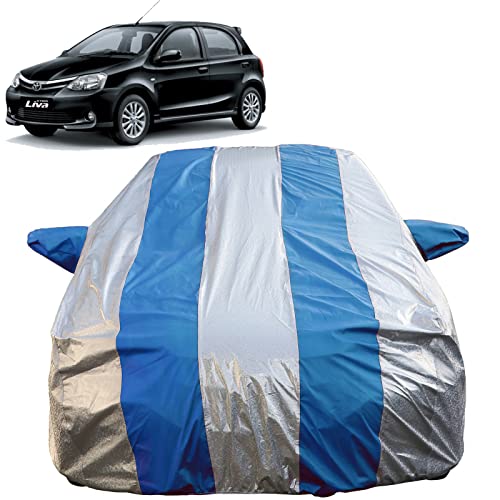 Image of Autofact Waterproof Car Body Cover Compatible with Toyota Etios Liva (2011 to 2022) with Mirror Pockets (Blue Stripes with Shinning Silver Fabric /Waterproof Cover)