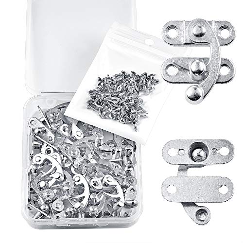 20 Pieces Wooden Box Latch Hook Kits - Thickened Silver Jewelry Box Lock Hook Clasp, Right Latch Hook Hasp Horn Lock, Drawer Latch Hardware with 80 Replacement Screws (Silver)