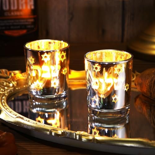 Image of Honeydak Set of 2 Shabbat Tealight Holders Silver Jewish Judaica Gift Set Electroplated Glass Modern Shabbat Decorative Light Holders for Tea Lights Hanukkah Gifts