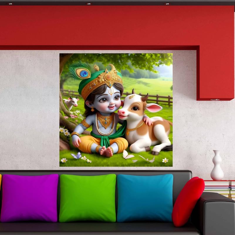 Image of British Terminal Cute little Bal Gopal Baby God Krishna| Kanha Ji | Laddu Lord Makhan Chor Painting Religious Poster for Pregnant Women for wall (matt thin vinyl,sticker,multicolor,unframed)| bj102