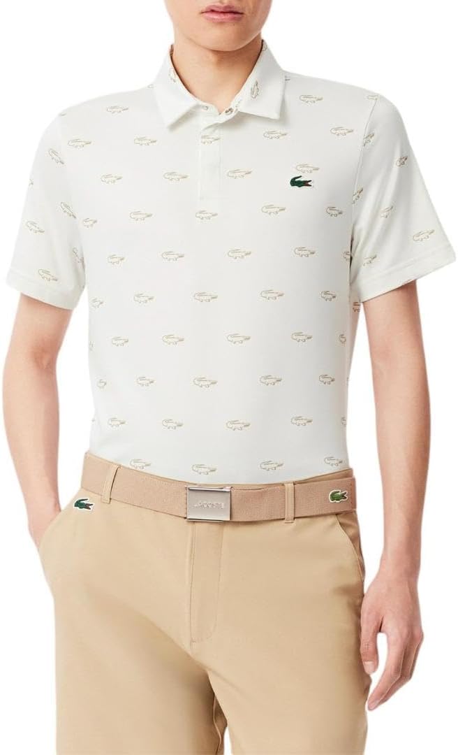 Lacoste Men's Regular Fit UV Protect All-Over Print Golf Polo Shirt, Flour/Ochre, Large
