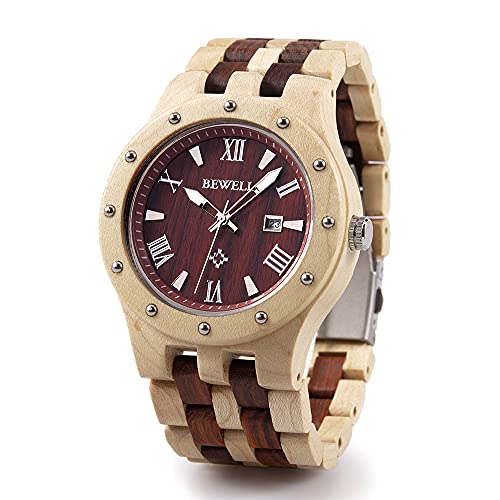 BEWELL W109A Reloj De Madera para Reloj Hecho a Mano De Los Hombres con Fecha Mostrar La Función, Reloj De Pulsera De Clásico Estilo Empresarios, Correa Ajustab