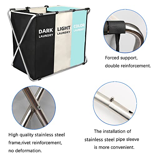 Laundry Basket Hamper, 3 Section Laundry Sorter With Stainless Steel Frame, Removeable Foldable Oxford Fabric Laundry Bags,180L Large Capacity Laundry Organizer In Laundry Room Bathroom(Green) #TOP2