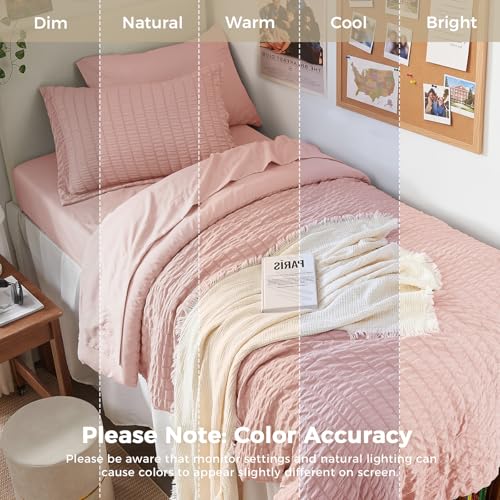 Image of HYMOKEGE Rose Gold Twin Comforter Set Seersucker 5 Pieces, All Season Luxury Bed in a Bag Queen for Bedroom, Bedding Set with Comforter, Sheets, Pillowcase & Sham