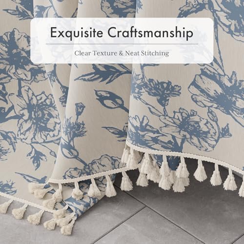 Image of AmazerBath Light Blue Floral Shower Curtain, Modern Farmhouse Shower Curtain Set with Tassels, Rustic Faux Linen Shower Curtain Washable with Hooks for Cottagecore Style, 72x72 Inches