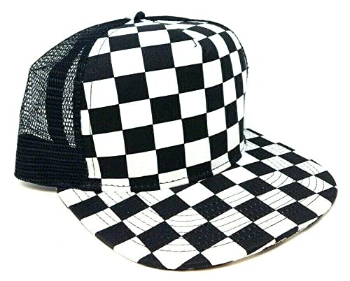 Dweebzilla Black & White Checkered Print Flat Bill Adjustable Snapback Hat (Checker Print Black Mesh Trucker)