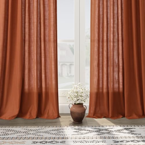 Image of Rust Semi Sheer Linen Curtains 90 inch Length for Living Room Back Tab Rod Pocket Modern Farmhouse Coastal Decor Off Rust Cotton Textured Gauze Curtains 90 inches long for Dining Room Office