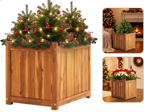 Image of Idzo Hardwood Outdoor Flower Box, Durable Acacia Wood Flower Boxes for Outdoor Plants with Ergonomic Handles, Drainage Holes, Multiple Sizes Wood Bucket Planter for Home Decor, 1pcs