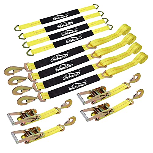 Autofonder Heavy Duty Adjustable Car Tie Down Kit with Snap Hooks -Break Strength 10,000 lbs-Working Load 3333 lbs-Bonus Includes 4 Pack 36 Axle Straps with D-Ring(Yellow)