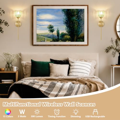 RIDALUX Vintage Battery Operated Wall Sconce Set of 2, Green Tulip Glass Lampshade Wireless 5300 mAh Rechargeable Battery Powered LED Wall Light with Remote Dimmable for Bedroom Bathroom Living Room - image 8