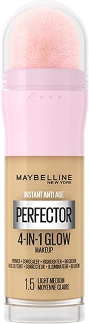 Maybelline New York Instant Anti Age Rewind Perfector, 4-In-1 Glow Primer, Concealer, Highlighter, Self-Adjusting Shades, Evens Skin Tone with a Glow Finish, Shade: 1.5 Light Medium