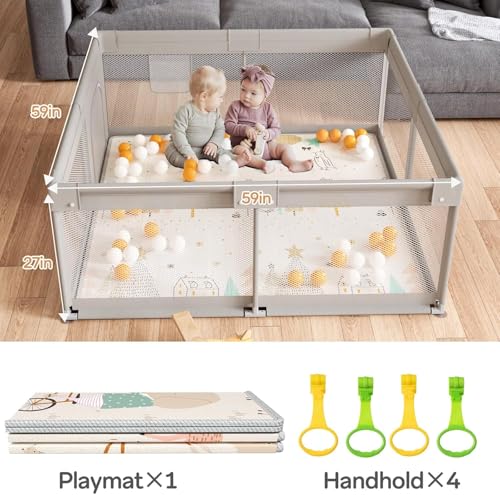 Julrrimg Laufstall Baby mit Matratze, 150x150 Laufgitter Baby mit Matte, Laufstall für Apartment, Laufgitter mit Atmungsaktivem Netz an Vier Seiten und Saugnäpfen