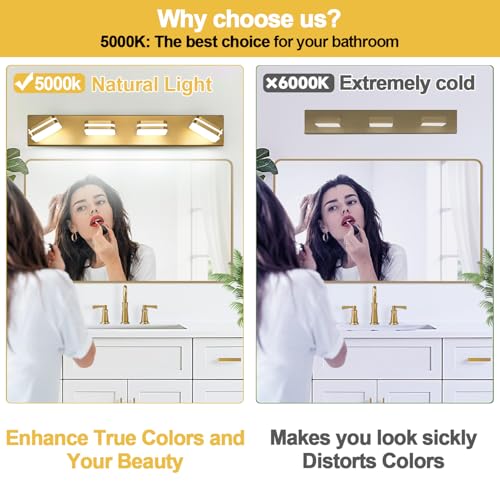 Image of Torondo 360 Rotate LED Bathroom Vanity Light Fixtures, Acrylic Vanity Lights for Bathroom, Modern Wall Lighting Fixtures Over Mirror Living, Gold, Natural White, 4-Light, 27-Inch