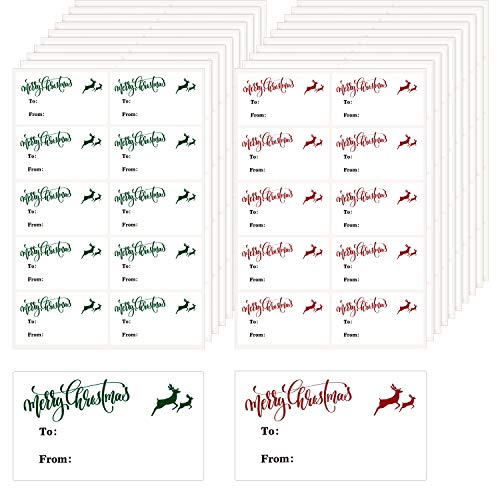 200 Pieces Merry Christmas Stickers Christmas Self Adhesive Stickers Christmas Elk Stickers for Christmas Decals, Red, Green, 1.37 x 2.36 Inches