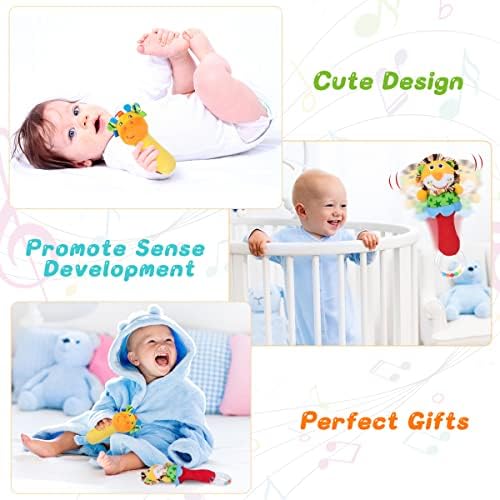 Baby Rattle Sensory Toys, 2 Pack Rattles Shaker Soft Stuffed Animal Bell Toys Infant Developmental Hand Grip with Molar Teether Rings for Newborn Babies Toddler 0 3 6 9 12 (Lion/Giraffe)