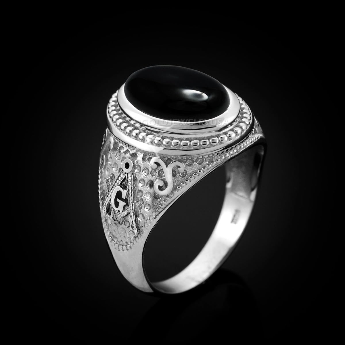 14K White Gold Masonic Black Onyx Statement Ring