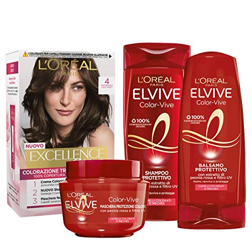 L'Oréal Paris Kit Cura & Colore Capelli Castano, Box con Tinta Capelli Excellence Castano 4, Shampoo, Balsamo e Maschera Color Vive per il Mantenimento del Colore nel Tempo, Castano, Confezione da 4