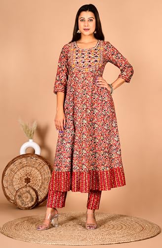 Image of Women's Cotton Embroidered Anarkali Kurta with Pant & Dupatta Set