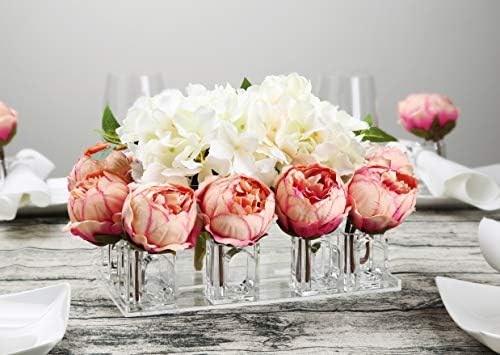 Deco-Mate Acrylic Vase and Bud Vase Napkin Rings Holder 2-in 1 Set for Centerpieces & Arrangements, Decorative Storage & Wedding Table Décor (Tray & Vase Set with 12 Bud Vase Napkin Rings)