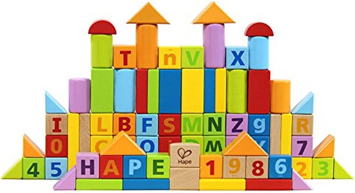 Hape 80 PCs Wooden Building Block Set with Cotton Storage Bag Alphabet & Numbers