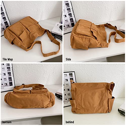 Image of LassZone Canvas Messenger Bag Large Crossbody Bag Hobo Shoulder Handbags Multi Pocket Denim Tote Bag for Women or Men