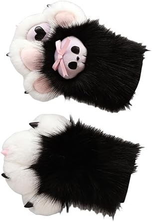 Furry Black Bear Wolf Paw Gloves Faux Fur Cat Claws All Cover Mittens Animals Paw Gloves for Cosplay Party