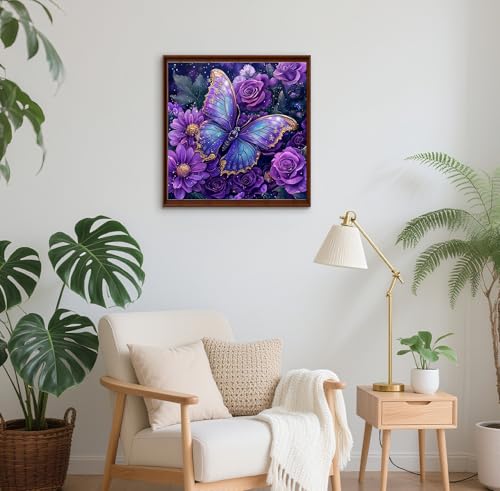 Image of QENSPE Diamond Art Kits for Adults, DIY Purple Butterfly Full Drill Diamond Painting Kits for Beginners, Rose Flower 5D Round Diamond Dots Paintings, Gem Art Crafts Home Wall Decor Gifts 12x12 inch