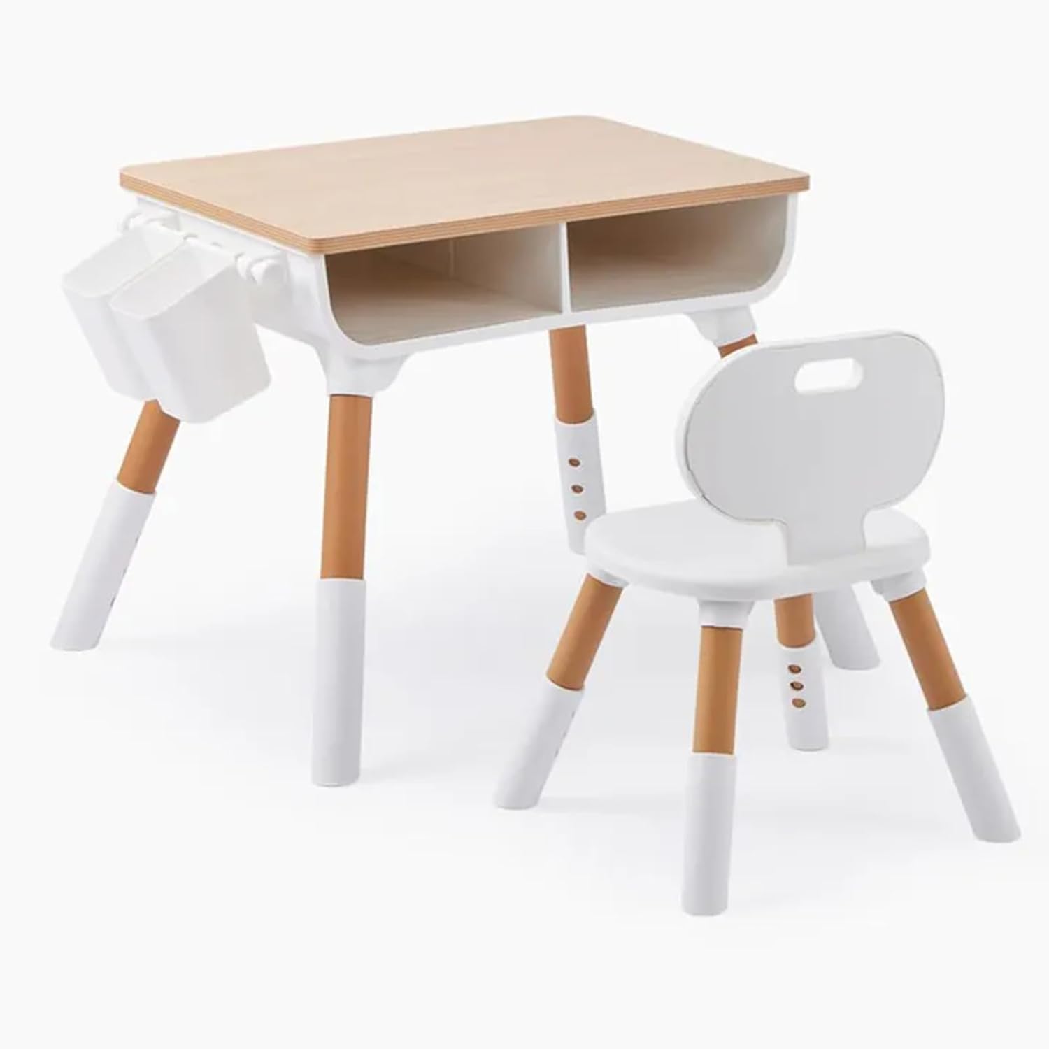 Tonlevo Toddler Desk & Chair Set - Adjustable Height Kids Table with Storage, Solid Wood Legs, Ergonomic for Arts & Crafts, Learning, Snacks & Play (Ages 1-8) - Tool-Free Assembly, White/Natural Wood