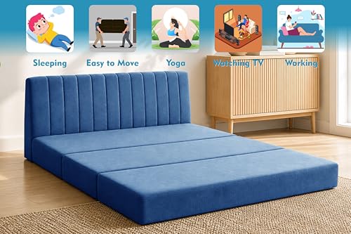 Image of 3-Seater Foldable Floor Sofa Bed with, Modern Velvet Fabric Folding Couch for Living Room, Guest Room & Small Spaces-Blue