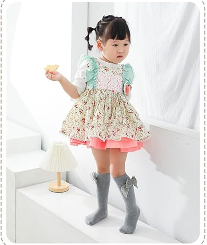 Miniatura 6 de Calcetines altos hasta la rodilla para bebés niñas, con lazo de punto y moño, calcetines de tubo con volantes para 0-7 años