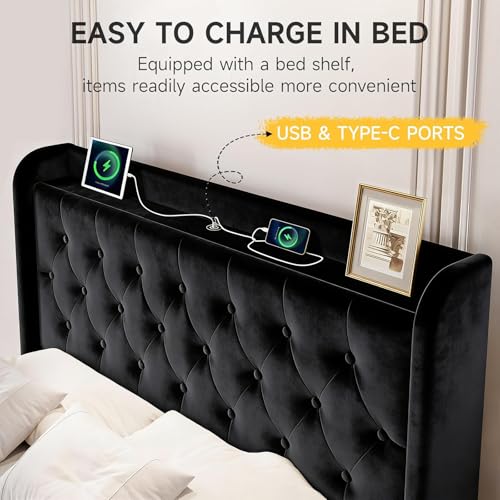 Image of koorlian Queen Bed Frame with Headboard, Adjustable Upholstered Platform Bed Frame with Type-C&USB Ports, Wingback Storage Headboard, Solid Wood Slats Support, No Box Spring Needed, Luxe Black