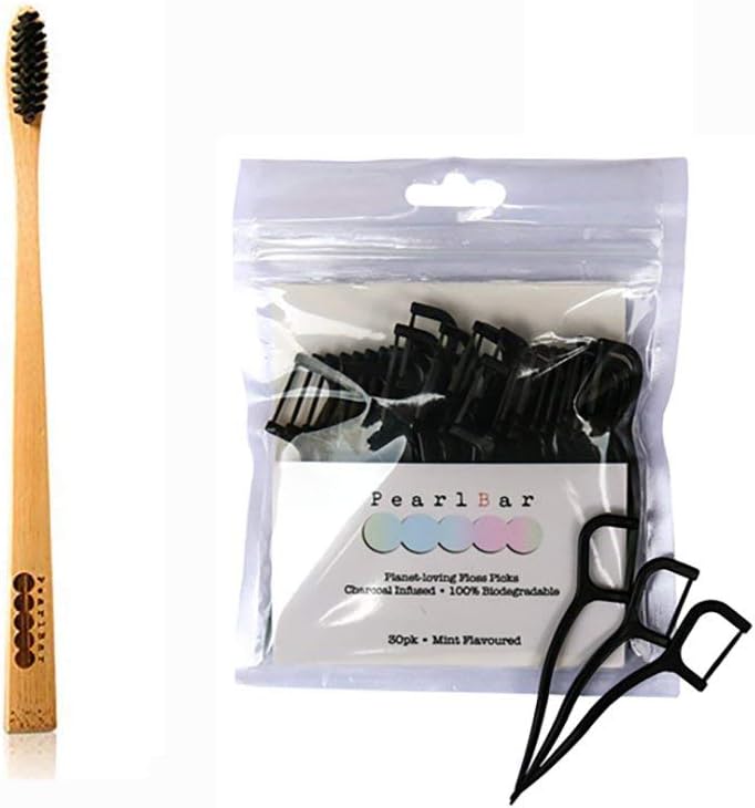 Pearlbar Charcoal Oral Care, 1 Toothbrush + Pack of 30 Charcoal Floss Set