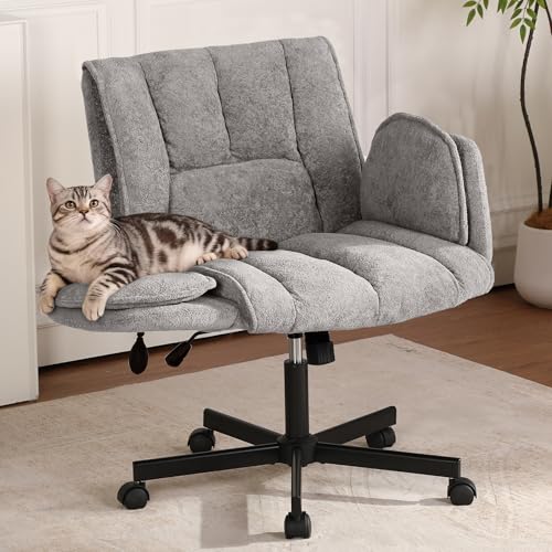 Image of Criss Cross Chair with Wheels & Outward-Folding Arms, Cross Legged Office Chair, Built-in Dynamic Airbag Lumbar Support, Wide Seat Desk Chairs for Home Office, Apartment, Vanity, Gray