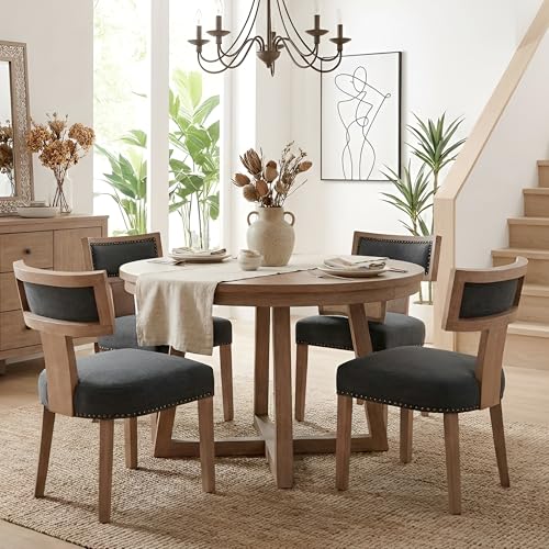 Image of HNY Mid Century Modern Dining Chairs Set of 4, Farmhouse Linen Fabric Upholstered Accent Chairs Curved Nailhead Trim Backrest Kitchen Chairs, with Hardwood Frame, Charcoal