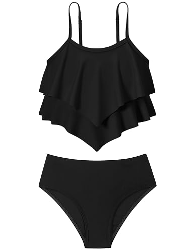 oklady Girls Swimsuit 2 Piece Bikini Set Tiered Ruffled Bathing Suit Adjustable Straps Girls' Swimwear - Pure Black - 13-14 Years