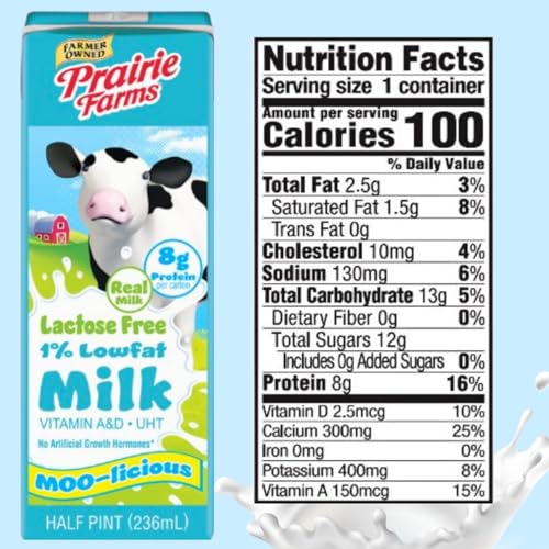 Prairie Farms Lactose Free Milk, Shelf Stable 1% Low Fat Milk Boxes Vitamin D, Gluten Free, Ultra Pasteurized (UHT), Kosher - 8oz. (27 Pack)