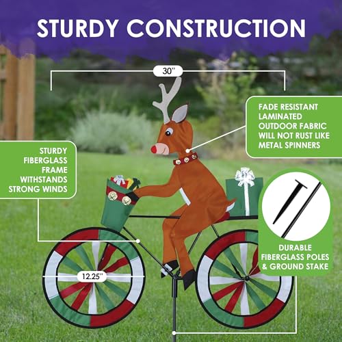 Bike Spinner Reindeer 30\" – Festive Holiday Design, Weather-Resistant Outdoor Decor, Durable & Lightweight for Patios, Yards, and Gardens - Eye-Catching Wind Spinner with Rotating Wheels - Thumbnail 3