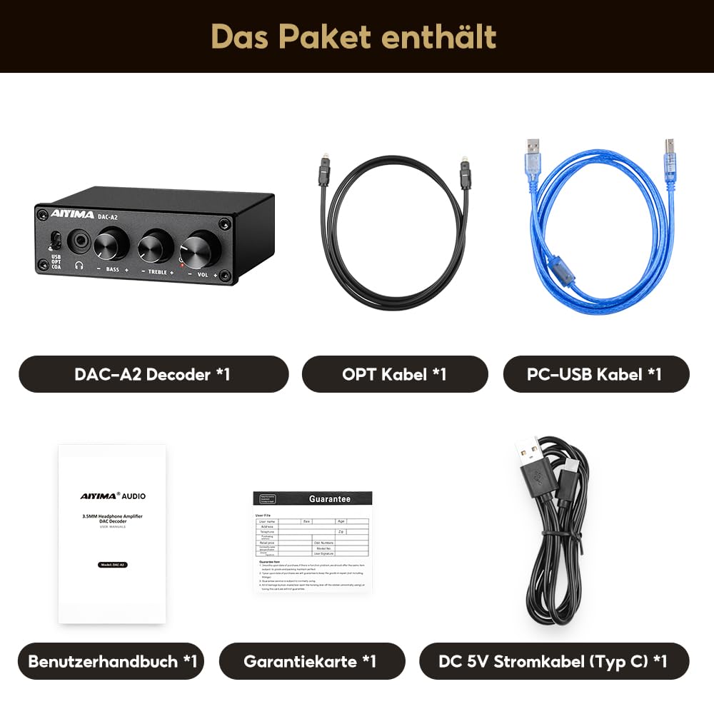 AIYIMA DAC A2 Kopfhörer-Verstärker DAC Konverter Mini Stereo Digital-zu-Analog DAC für PS5/PC/MAC Computer Desktop Game DAC Amp PC-USB/Coaxial/Optical zu 3.5mm AUX RCA Kopfhörer Ausgang 24Bits 192KHz