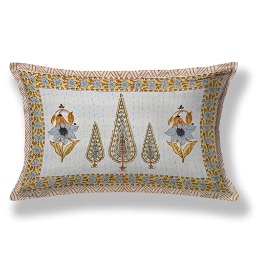 Image of 100% Cotton Single Bedsheet with 1 Pillow Cover | 240 TC Pure Cotton Flat Bed Sheet | Traditional Jaipuri Printed Bedding Set | Soft & Breathable | 60 x 90 Inch (Rangmahal Single 49)
