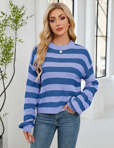 Image of Libsorge Womens Oversized Lightweight Cute Striped Cropped Sweater Spring 2025 Knitted Crew Neck Thin Crop Pullover Tops