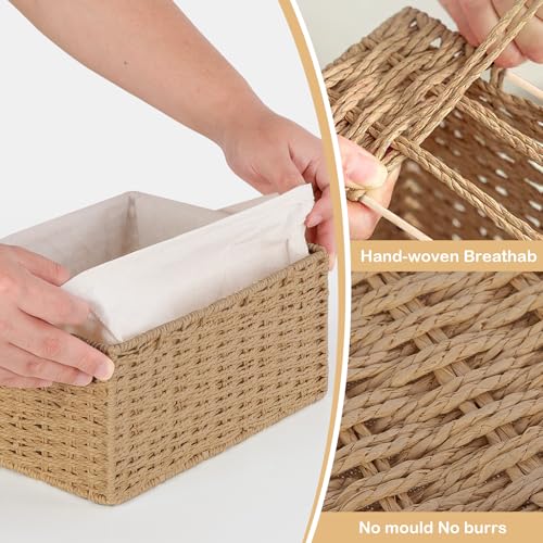 Aevcvok 4 Stück Aufbewahrungskorb mit Futter,Körbchen Handgewebt Korb Aufbewahrung Papierseil Boho-Decor Körbchen,Aufbewahrungsbox Klein Geflochten für Badezimmer, Make-up,Tischplatten,Schrank（Jute)