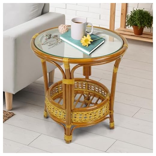 Pelangi Coffee Round Table Handmade ECO Natural Rattan Wicker with Glass Top, Colonial