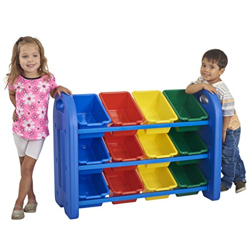 ECR4Kids 3-Tier Toy Storage Organizer with Bins, Blue with 12 Assorted-Color Bins, GREENGUARD
