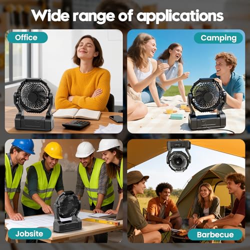 XZK Camping Fan, Rechargeable Battery Powered Tent Fan with 64H Runtime, LED Light, 4-Speed Quiet Portable Fan for Outdoor, Travel, Fishing, Jobsite, Emergency, Gift for Men-20000mAh(Dark Black) - Image 6