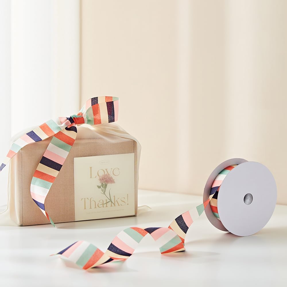 Korean Traditional Pattern Colorful Striped Ribbon, 10Yards, 1 inch Wide, Multi-Color