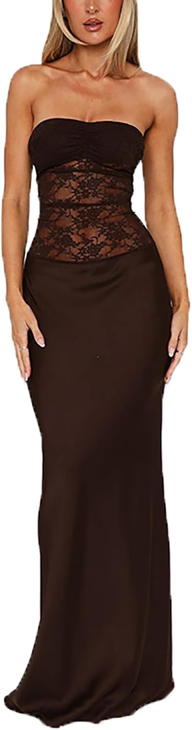 Women Tube Dress Strapless Twist Front Long Bodycon Sheer See Through Sexy Patchwork Maxi Cocktail Formal Dresses